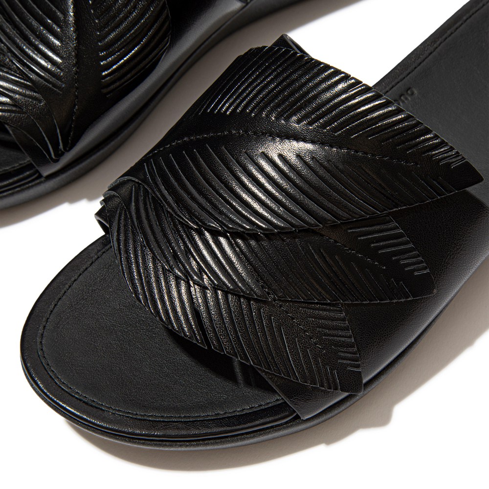 Fitflop Womens Slides Black - Sola Feather Metallic Leather - 82LPHUQZW